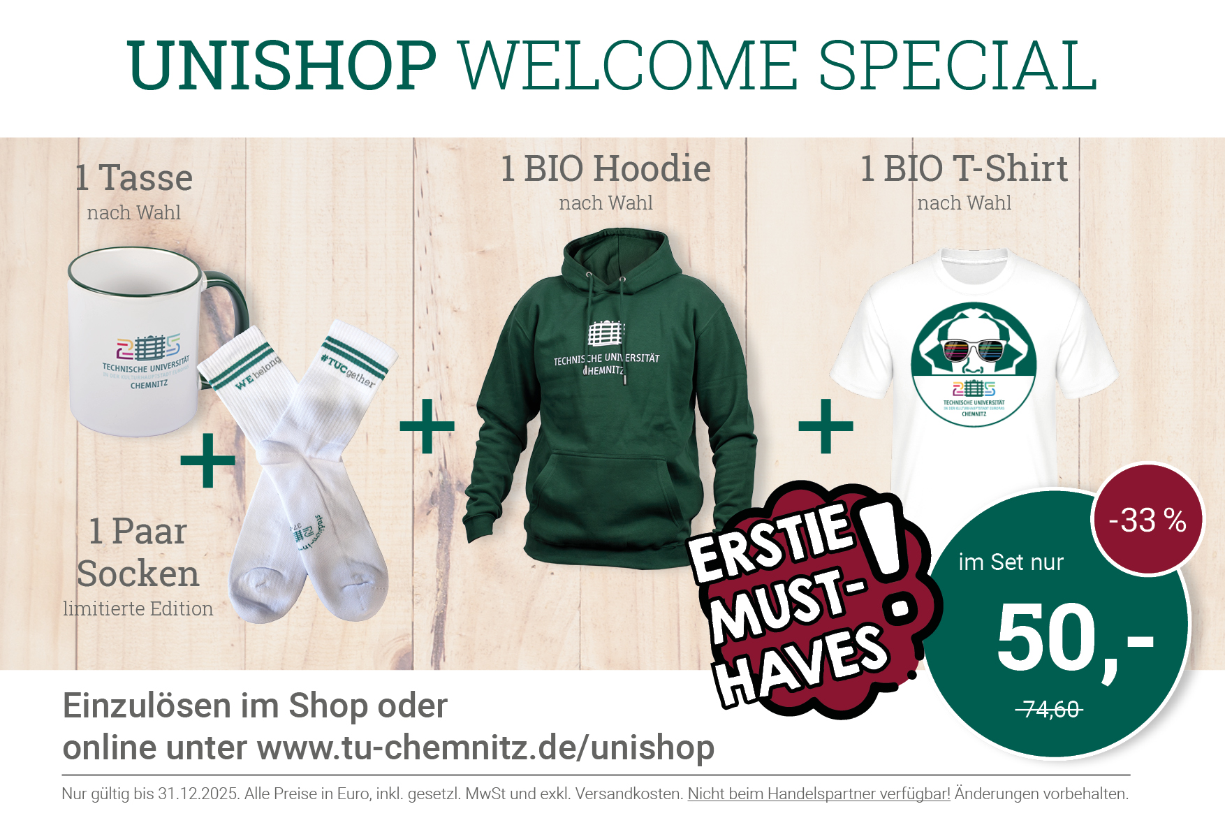 Werbung für den Unishop: Sweatshirt + Tasse Kulturhauptstadt 2025 + 1 T-Shirt aus Bio-Baumwolle + 1 Paar Socken zum Sonderpreis von 50 Euro